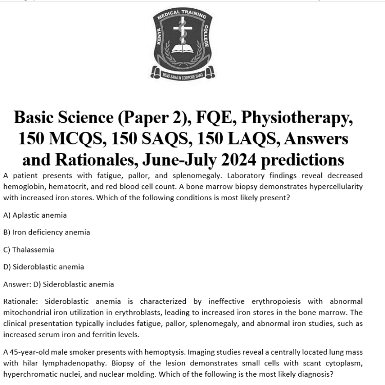Basic Science (Paper 2), FQE, Physiotherapy, 150 MCQS, 150 SAQS, 150 LAQS, Answers and Rationales, June-July 2024 predictions