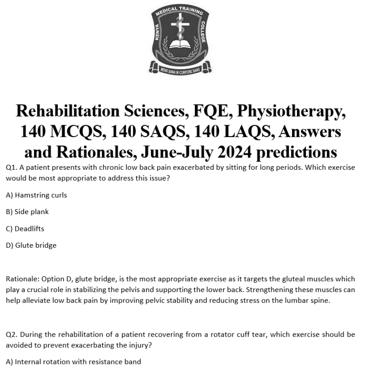 Rehabilitation Sciences, FQE, Physiotherapy, 140 MCQS, 140 SAQS, 140 LAQS, Answers and Rationales, June-July 2024 predictions