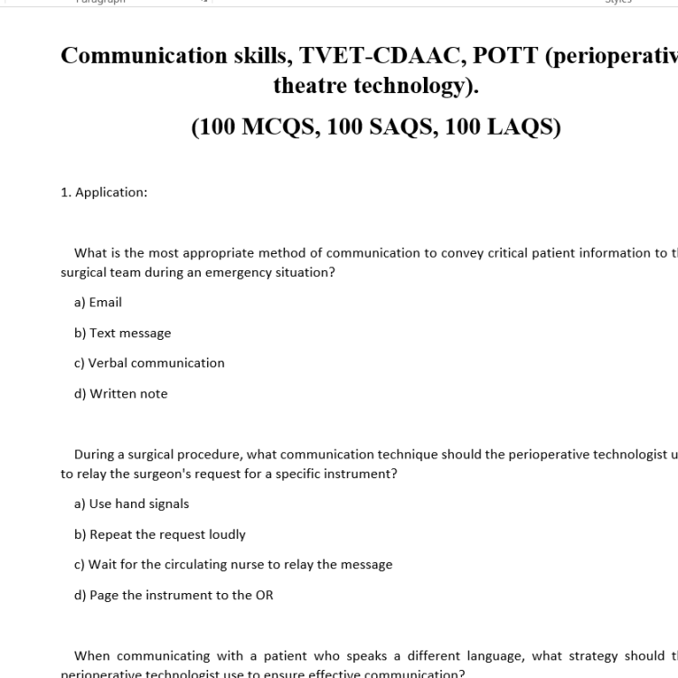 Communication skills, TVET-CDAAC, POTT (perioperative theatre technology). (100 MCQS, 100 SAQS, 100 LAQS)