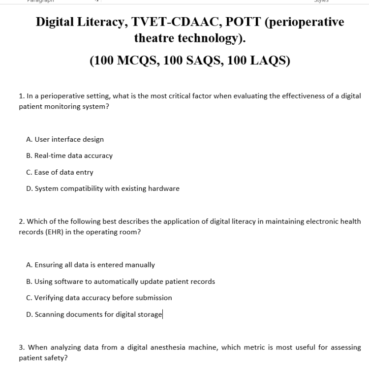 Digital Literacy, TVET-CDAAC, POTT (perioperative theatre technology). (100 MCQS, 100 SAQS, 100 LAQS)