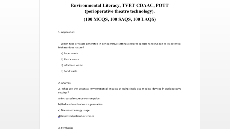 Environmental Literacy, TVET-CDAAC, POTT (perioperative theatre technology). (100 MCQS, 100 SAQS, 100 LAQS)