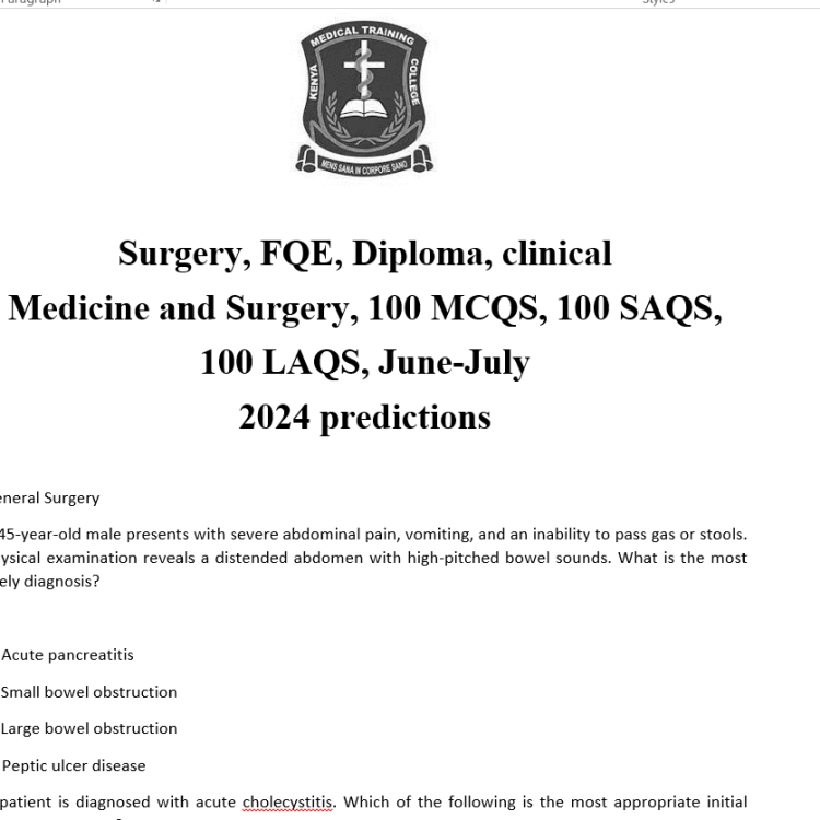 Surgery, FQE, Diploma, clinical Medicine and Surgery, 100 MCQS, 100 SAQS, 100 LAQS, June-July 2024 predictions