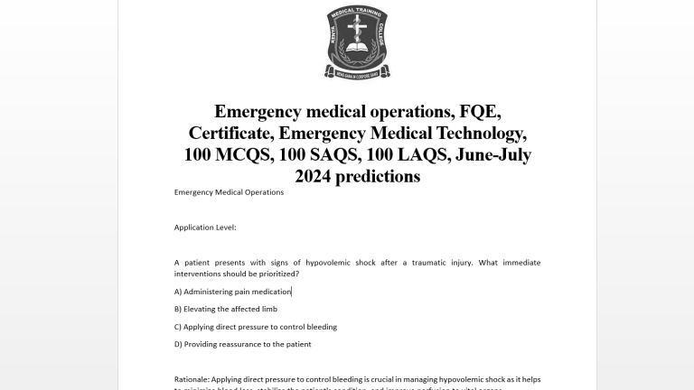 Emergency medical operations, FQE, Certificate, Emergency Medical Technology, 100 MCQS, 100 SAQS, 100 LAQS, June-July 2024 predictions