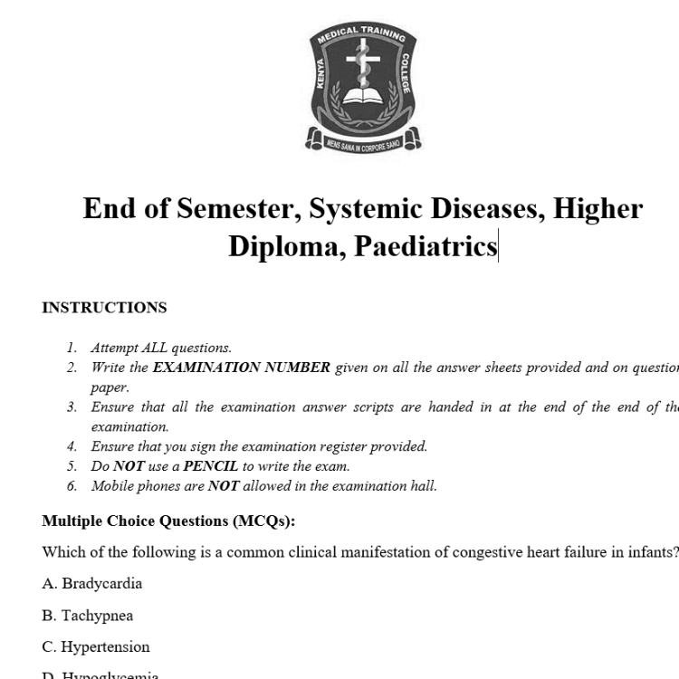 End of Semester, Systemic Diseases, Higher Diploma, Paediatrics