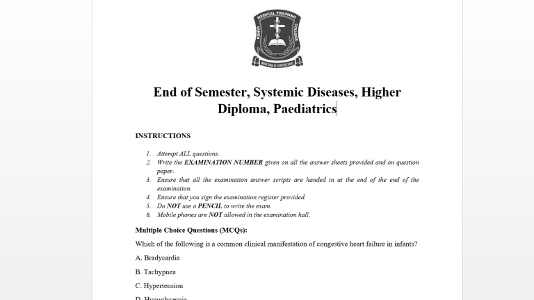 End of Semester, Systemic Diseases, Higher Diploma, Paediatrics