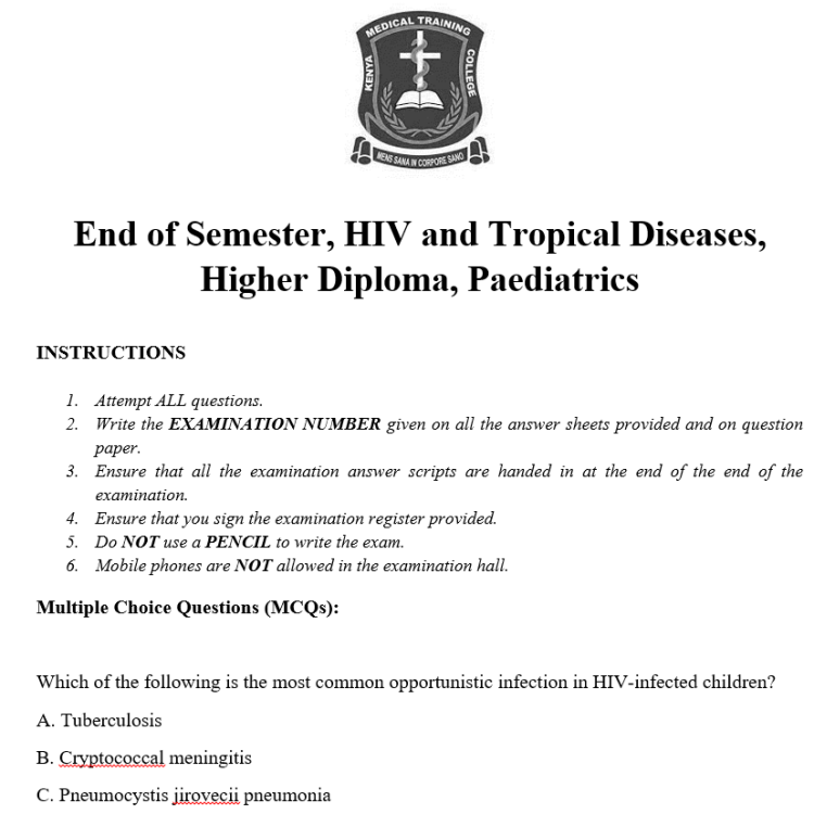 End of Semester, HIV and Tropical Diseases, Higher Diploma, Paediatrics