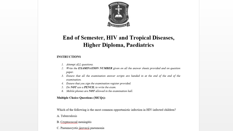 End of Semester, HIV and Tropical Diseases, Higher Diploma, Paediatrics