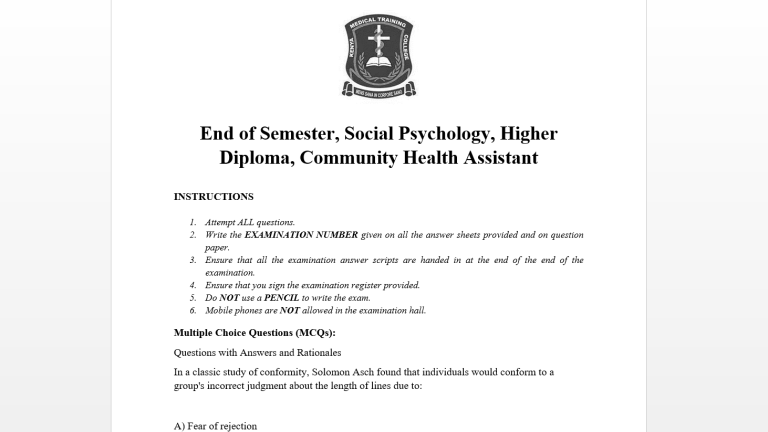 End of Semester, Social Psychology, Higher Diploma, Community Health Assistant