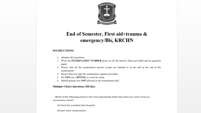 End of Semester, First aid+trauma & emergency/Bls, KRCHN