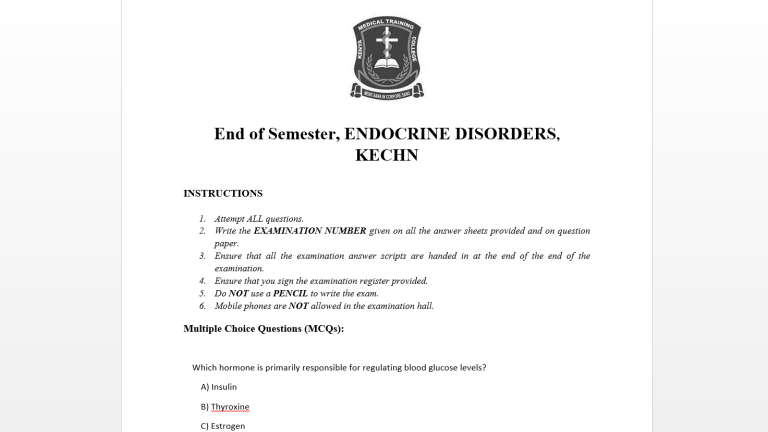 End of Semester, ENDOCRINE DISORDERS, KECHN