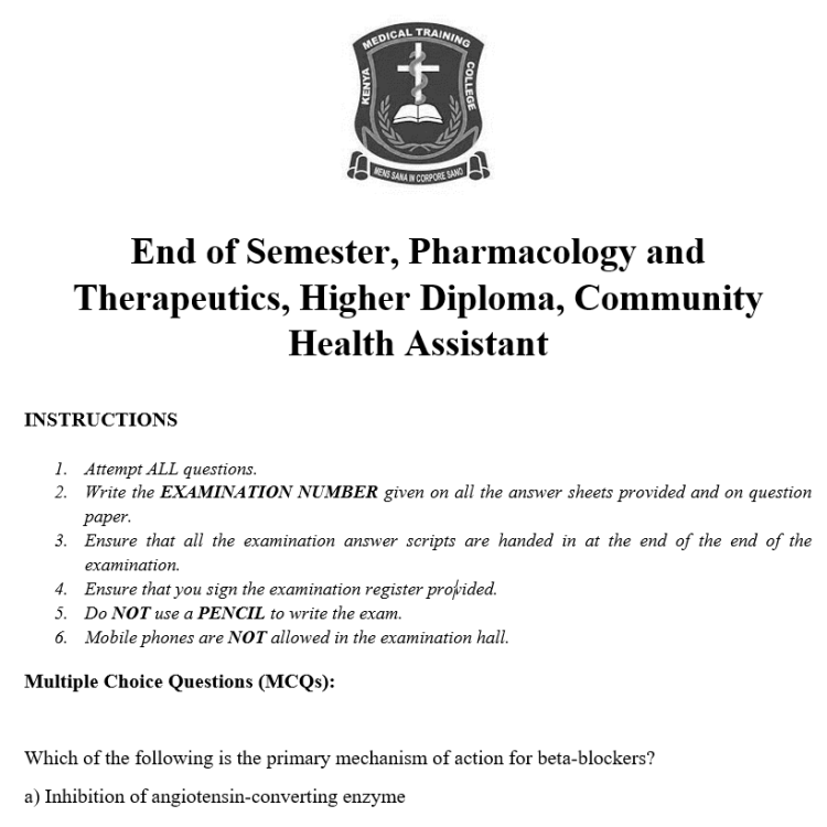 End of Semester, Pharmacology and Therapeutics, Higher Diploma, Community Health Assistant