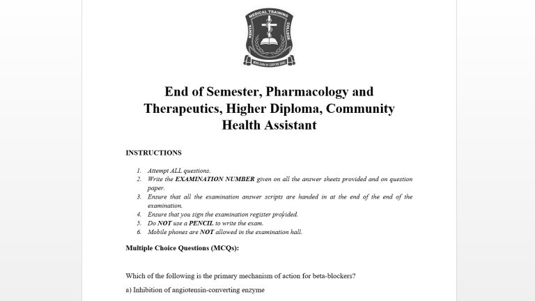 End of Semester, Pharmacology and Therapeutics, Higher Diploma, Community Health Assistant