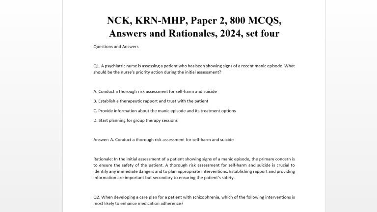 NCK, KRN-MHP, Paper 2, 800 MCQS, Answers and Rationales, 2024, set four