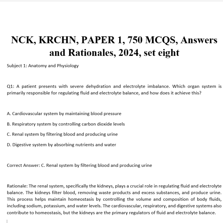 NCK, KRCHN, PAPER 1, 750 MCQS, Answers and Rationales, 2024, set eight