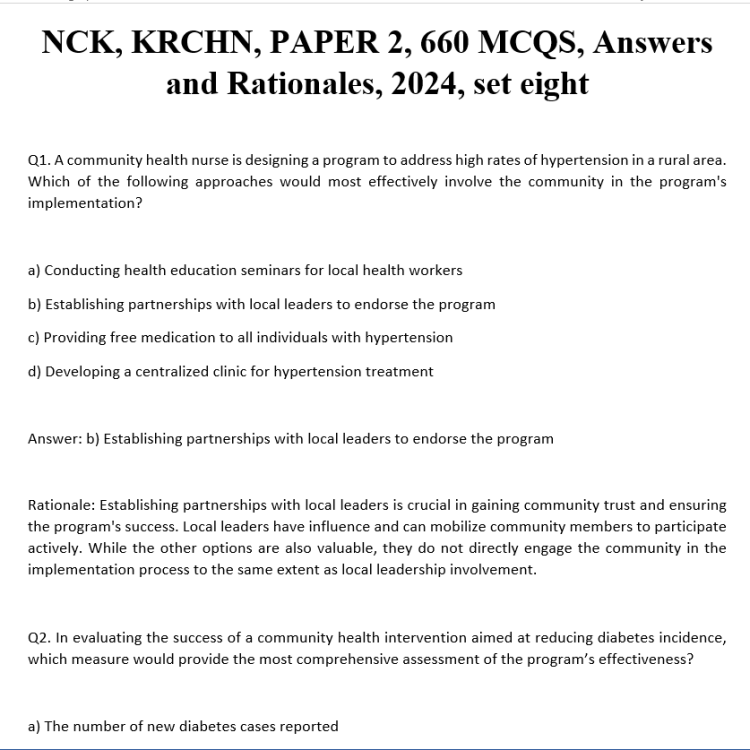 NCK, KRCHN, PAPER 2, 660 MCQS, Answers and Rationales, 2024, set eight