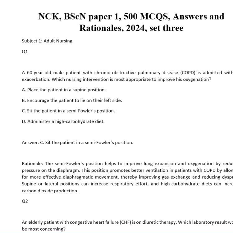 NCK, BScN paper 1, 500 MCQS, Answers and Rationales, 2024, set three