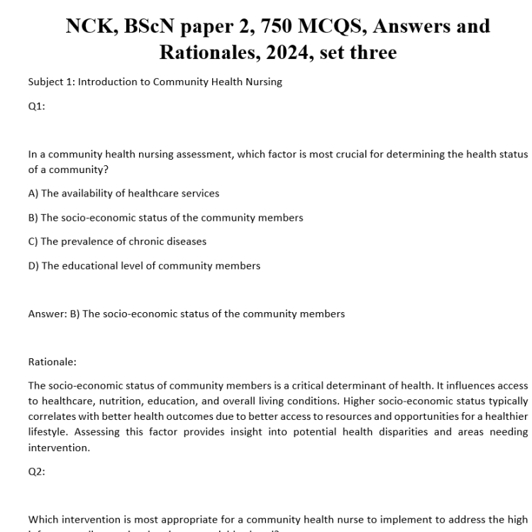 NCK, BScN paper 2, 750 MCQS, Answers and Rationales, 2024, set three