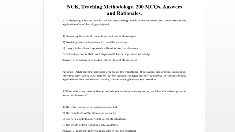 NCK, Teaching Methodology, 200 MCQs, Answers and Rationales.