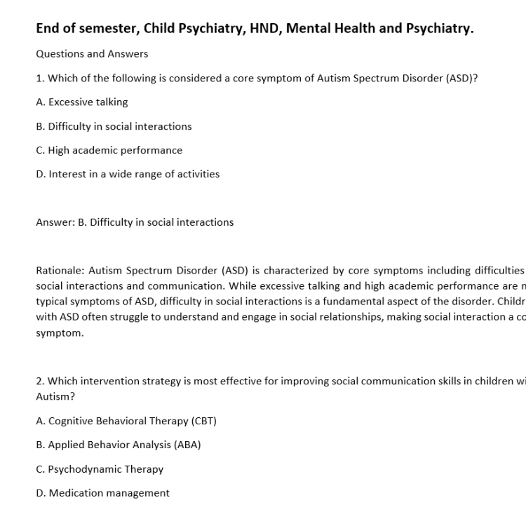 End of semester, Child Psychiatry, HND, Mental Health and Psychiatry.
