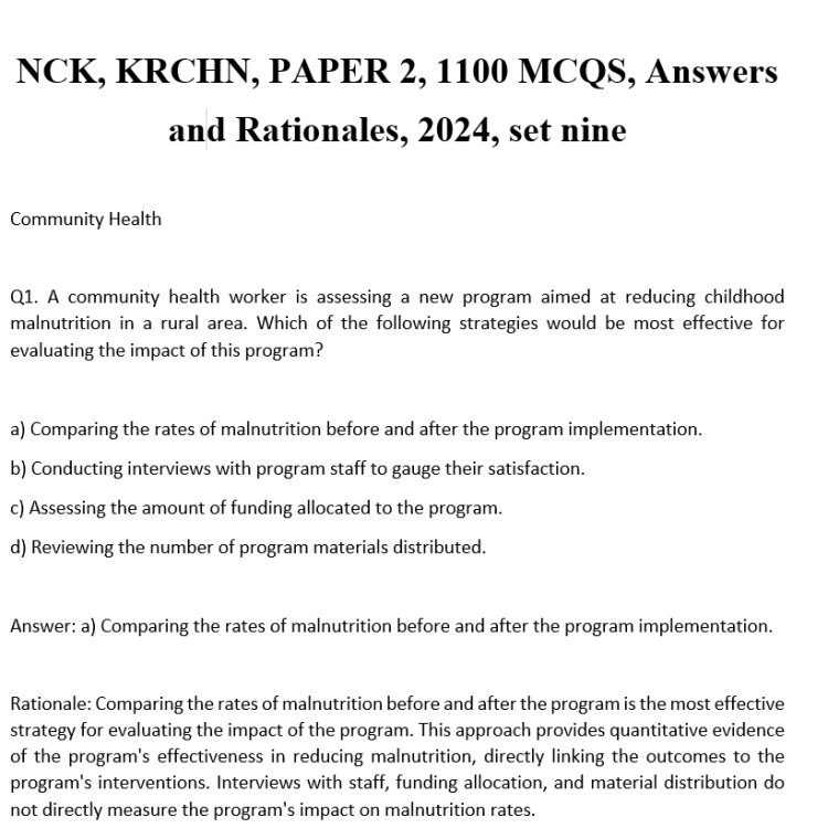 NCK, KRCHN, PAPER 2, 1100 MCQS, Answers  and Rationales, 2024, set nine