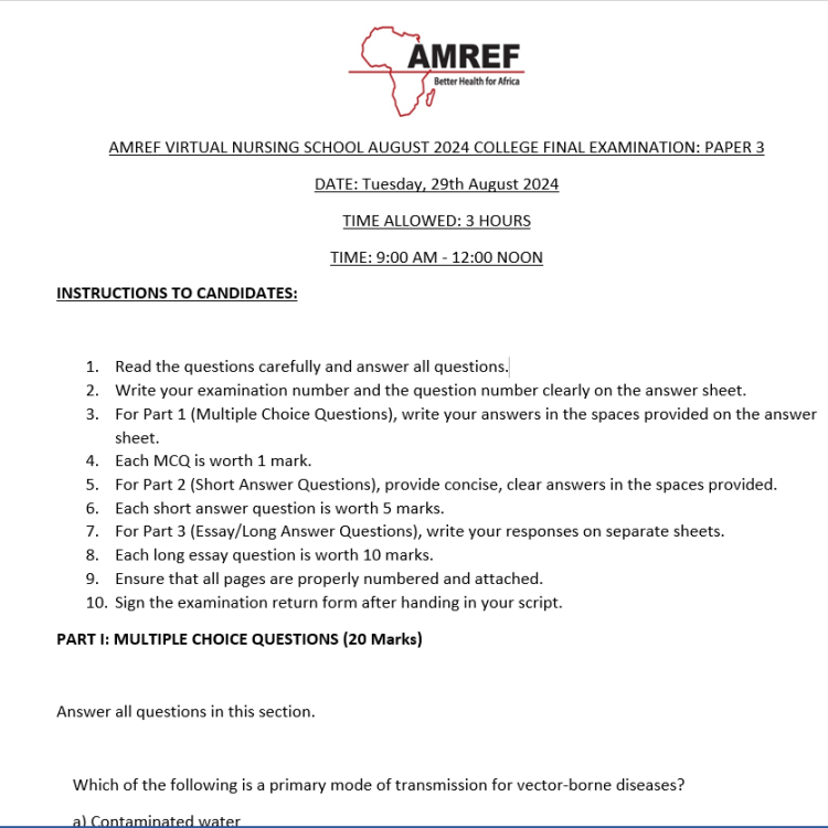 AMREF VIRTUAL NURSING SCHOOL AUGUST 2024 COLLEGE FINAL EXAMINATION: PAPER 3