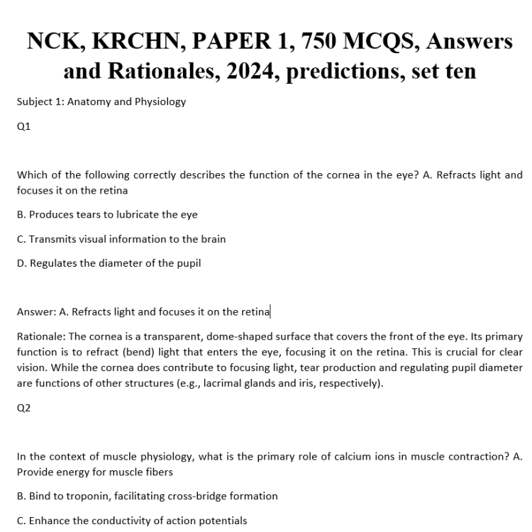 NCK, KRCHN, PAPER 1, 750 MCQS, Answers and Rationales, 2024, predictions, set ten