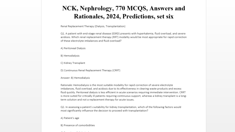 NCK, Nephrology, 770 MCQS, Answers and Rationales, 2024, Predictions, set six