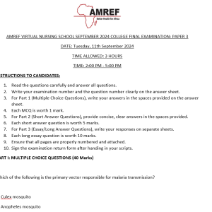 AMREF VIRTUAL NURSING SCHOOL SEPTEMBER 2024 COLLEGE FINAL EXAMINATION: PAPER 3