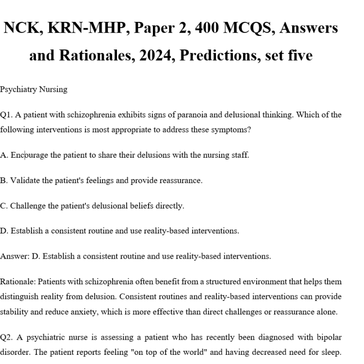 NCK, KRN-MHP, Paper 2, 400 MCQS, Answers and Rationales, 2024, Predictions, set five