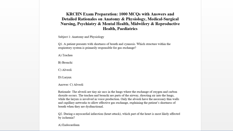 KRCHN Exam Preparation 1000 MCQs with Answers and Detailed Rationales on Anatomy and Physiology Medical-Surgical Nursing Psychiatry and Mental Health Midwifery and Reproductive Health Paediatrics