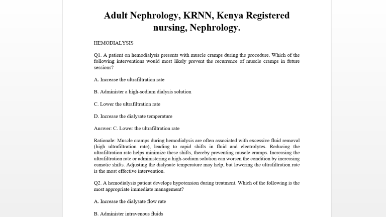 Adult Nephrology, KRNN, Kenya Registered nursing, Nephrology.