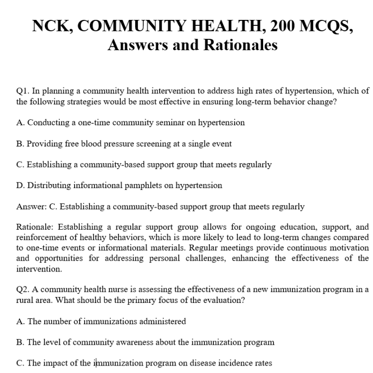 NCK, COMMUNITY HEALTH, 200 MCQS, Answers and Rationales