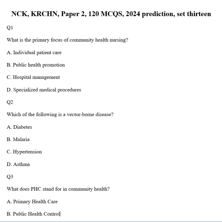 NCK, KRCHN, Paper 2, 120 MCQS, 2024 prediction, set thirteen