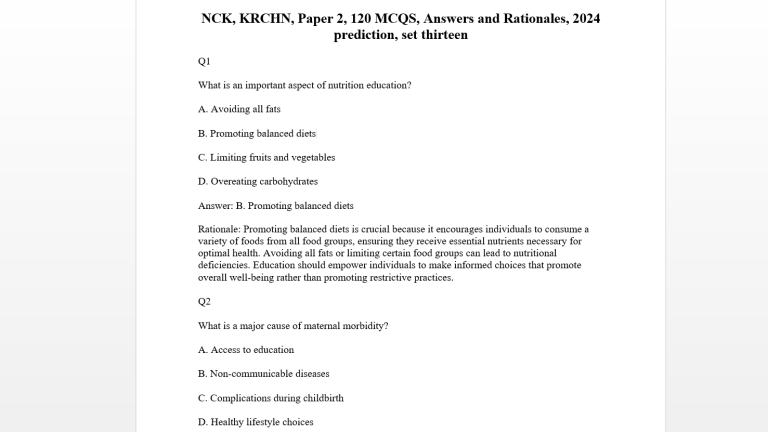 NCK, KRCHN, Paper 2, 120 MCQS, Answers and Rationales, 2024 prediction, set thirteen