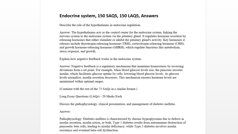 Endocrine system, 150 SAQS, 150 LAQS, Answers