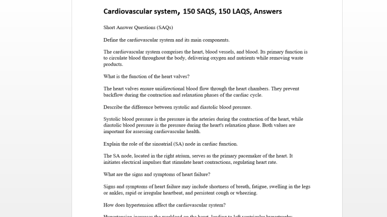 Cardiovascular system, 150 SAQS, 150 LAQS, Answers