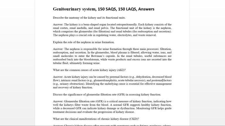 Genitourinary system, 150 SAQS, 150 LAQS, Answers