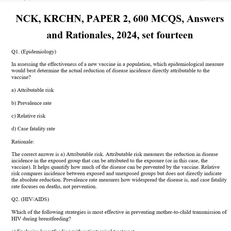 NCK, KRCHN, PAPER 2, 600 MCQS, Answers  and Rationales, 2024, set fourteen