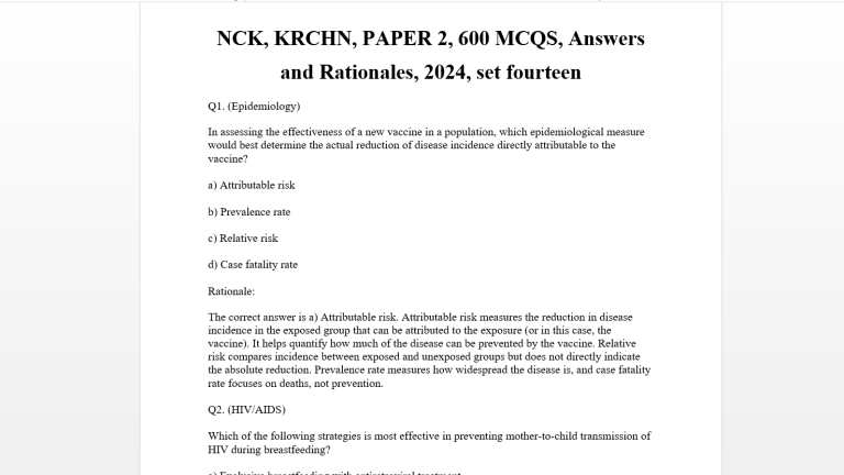 NCK, KRCHN, PAPER 2, 600 MCQS, Answers  and Rationales, 2024, set fourteen
