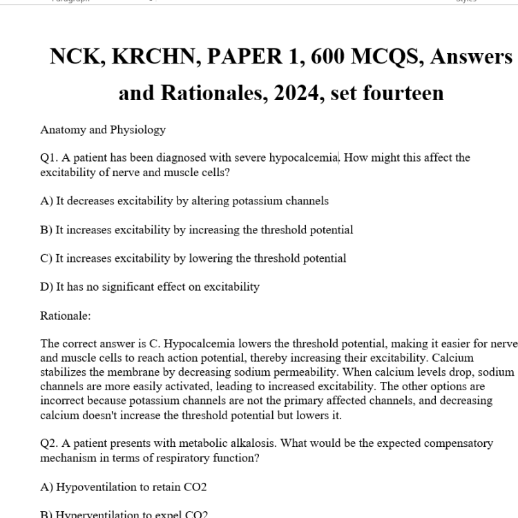 NCK, KRCHN, PAPER 1, 600 MCQS, Answers  and Rationales, 2024, set fourteen