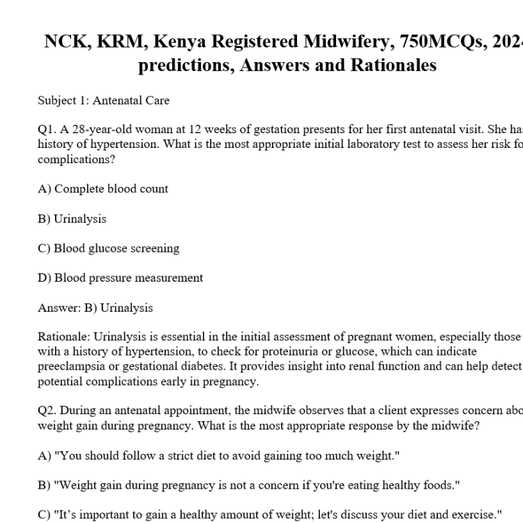 NCK, KRM, Kenya Registered Midwifery, 750MCQs, 2024 predictions, Answers and Rationales