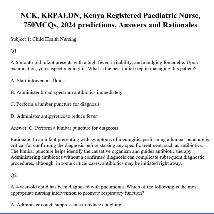 NCK, KRPAEDN, Kenya Registered Paediatric Nurse, 750MCQs, 2024 predictions, Answers and Rationales