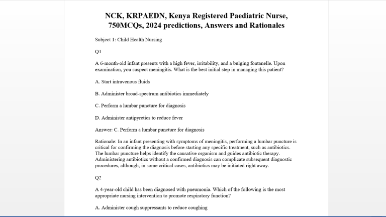 NCK, KRPAEDN, Kenya Registered Paediatric Nurse, 750MCQs, 2024 predictions, Answers and Rationales