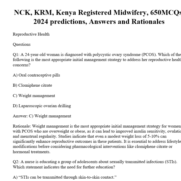 NCK, KRM, Kenya Registered Midwifery, 650MCQs, 2024 predictions, Answers and Rationales