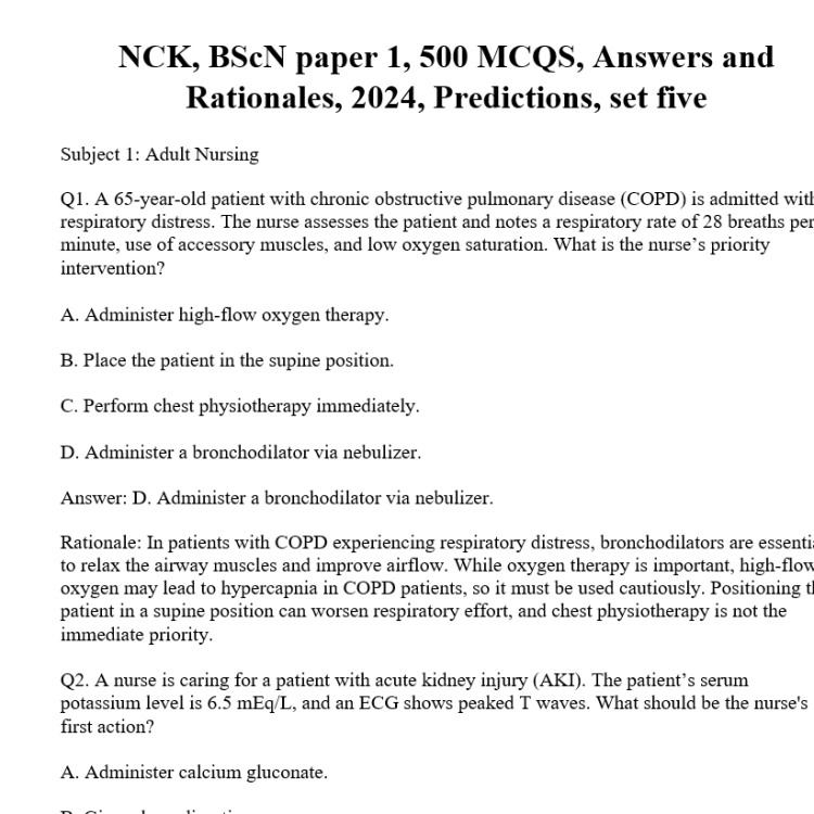 NCK, BScN paper 1, 500 MCQS, Answers and Rationales, 2024, Predictions, set five