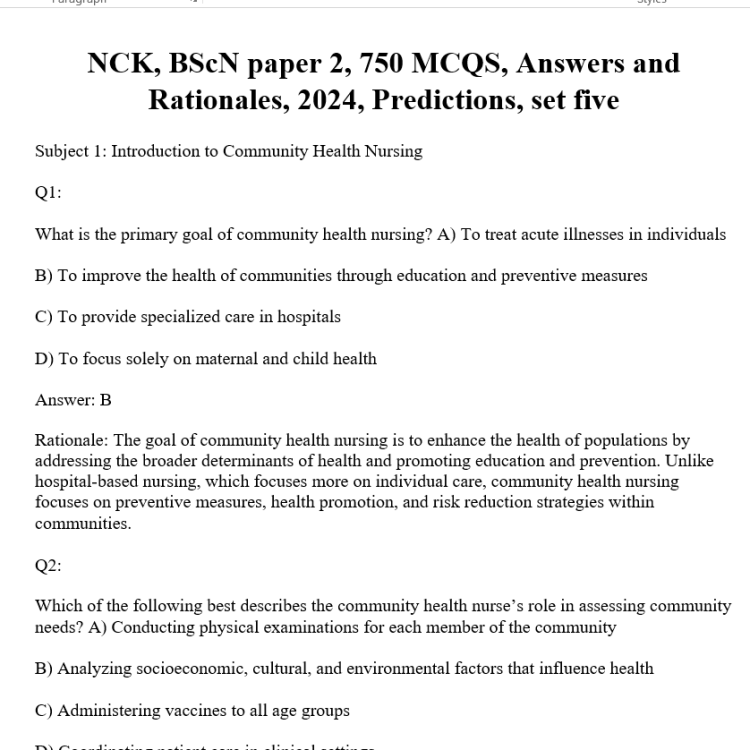 NCK, BScN paper 2, 750 MCQS, Answers and Rationales, 2024, Predictions, set five