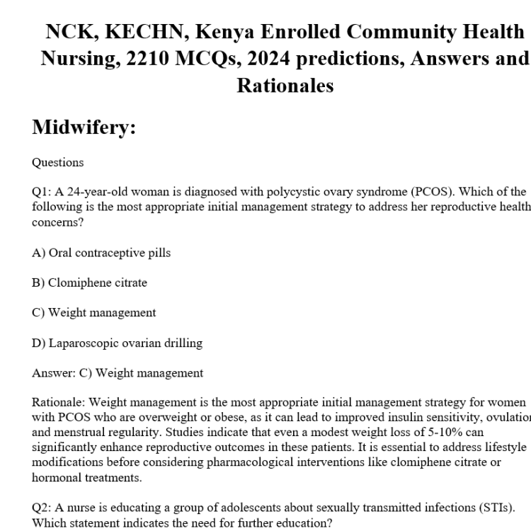 NCK, KECHN, Kenya Enrolled Community Health Nursing, 2210 MCQs, 2024 predictions, Answers and Rationales