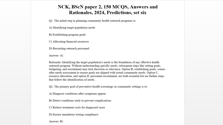 NCK, BScN paper 2, 150 MCQS, Answers and Rationales, 2024, Predictions, set six