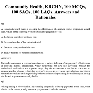 Community Health, KRCHN, 100 MCQs, 100 SAQs, 100 LAQs, Answers and Rationales