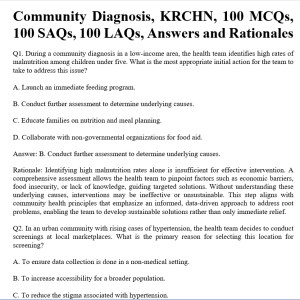 Community Diagnosis, KRCHN, 100 MCQs, 100 SAQs, 100 LAQs, Answers and Rationales